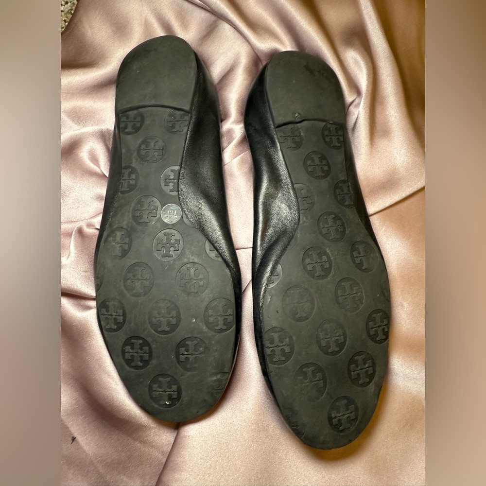 Tory Burch Black Leather Ballet Flats with Gold Logo Medallions - Picture 6 of 7